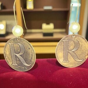 Pretty Brass Circle Initial “R”Earrings with Single Pearl